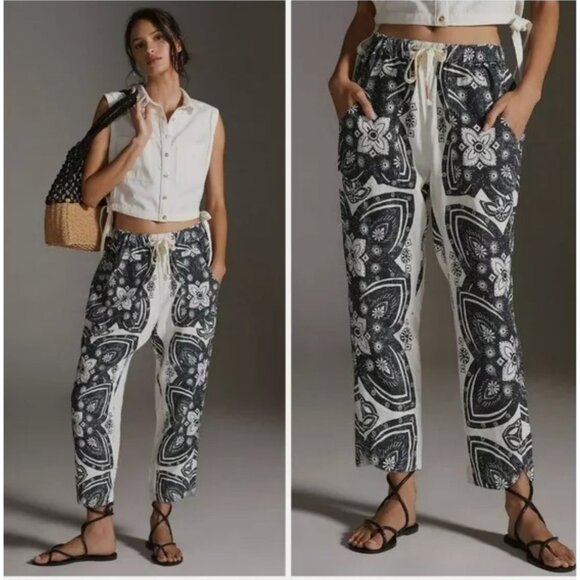 Anthropologie Pilcro Linen Surf Pants Black White Ankle Small‎ $120 - Picture 1 of 14